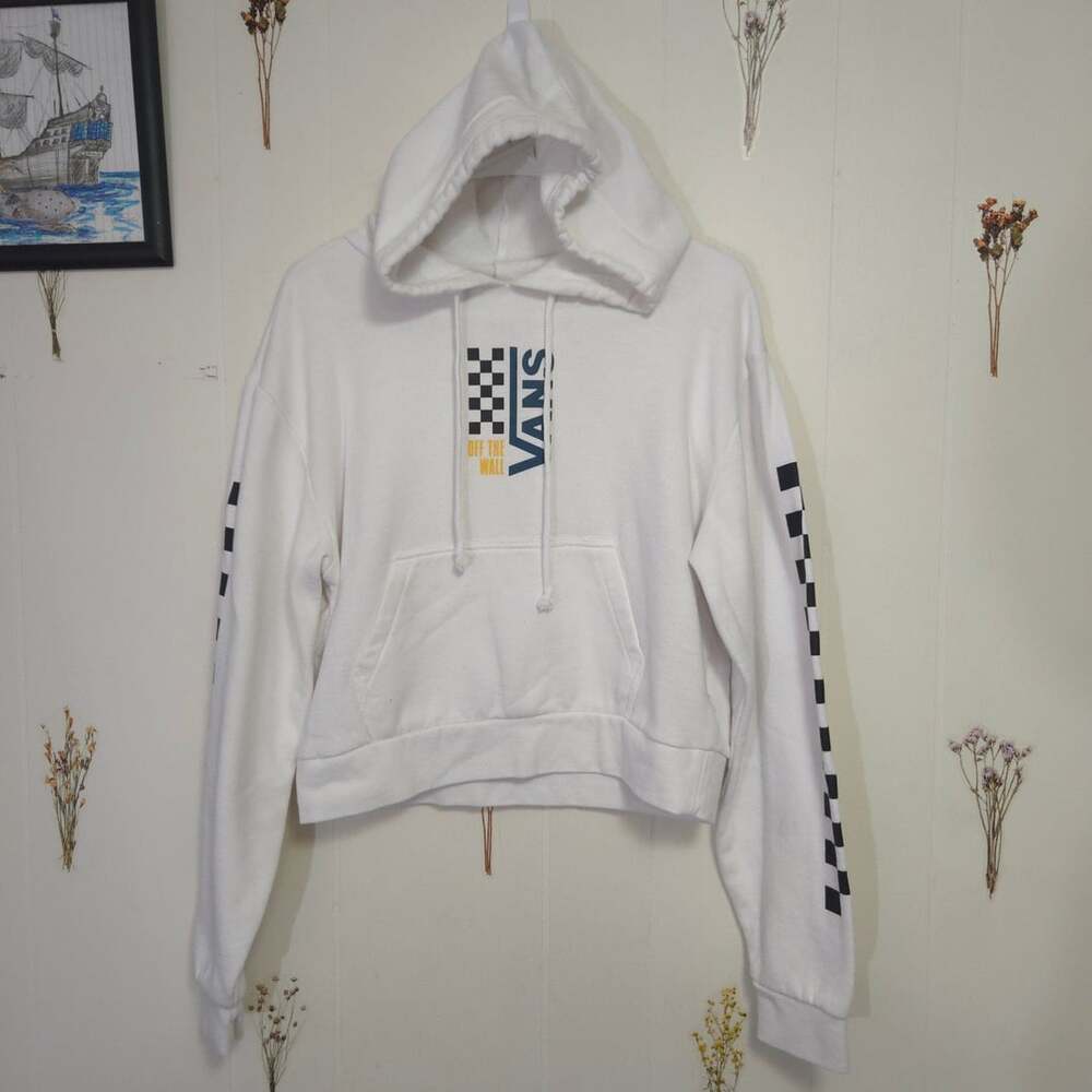 Vans Off The Wall White Crop Hoodie with Checkered Sleeves Size Small